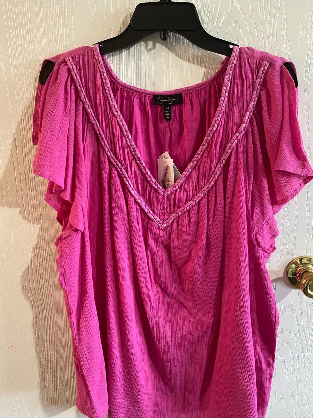 Jessica Simpson Hot Pink V-Neck Braided Trim Blouse
